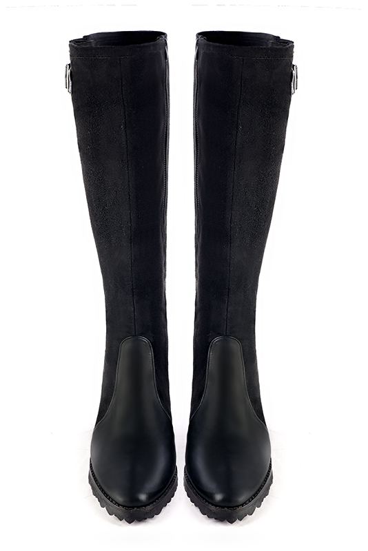 Satin black women's knee-high boots with buckles. Round toe. Flat rubber soles. Made to measure. Top view - Florence KOOIJMAN